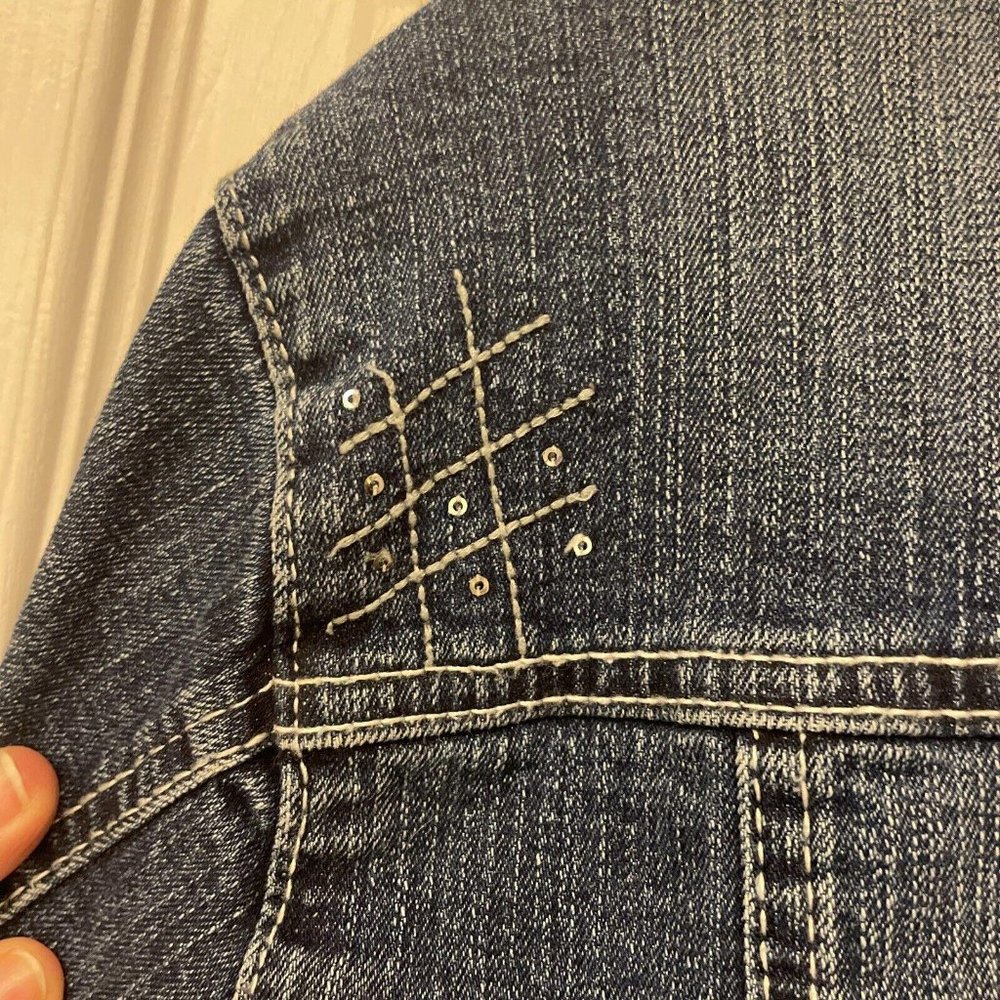 Rhythm in Blues Womens Medium Button Up Jean Jacket Blue Embroidered - Picture 10 of 11